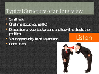 Small talk “ Tell me about yourself!” Discussion of your background and how it relates to the position Your opportunity to ask questions Conclusion Listen 