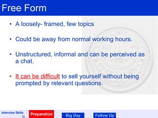 Free Form A loosely- framed, few topics Could be away from normal working hours. Unstructured, informal and can be perceived as a chat. It can be difficult  to sell yourself without being prompted by relevant questions. Preparation Big Day Follow Up 