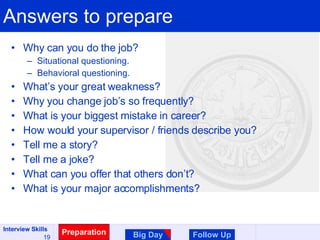 Answers to prepare Why can you do the job? Situational questioning. Behavioral questioning. What’s your great weakness? Why you change job’s so frequently? What is your biggest mistake in career? How would your supervisor / friends describe you? Tell me a story? Tell me a joke? What can you offer that others don’t? What is your major accomplishments? Preparation Big Day Follow Up 