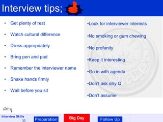 Interview tips; Get plenty of rest Watch cultural difference Dress appropriately Bring pen and pad Remember the interviewer name Shake hands firmly Wait before you sit Look for interviewer interests No smoking or gum chewing No profanity Keep it interesting Go in with agenda Don’t ask silly Q Don’t assume Preparation Big Day Follow Up 