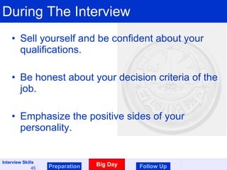 During The Interview Sell yourself and be confident about your qualifications. Be honest about your decision criteria of the job. Emphasize the positive sides of your personality. Preparation Big Day Follow Up 