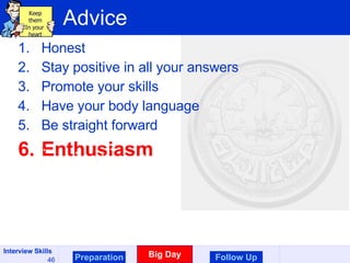 Advice Honest Stay positive in all your answers Promote your skills Have your body language Be straight forward Enthusiasm Preparation Big Day Follow Up Keep them In your  heart 