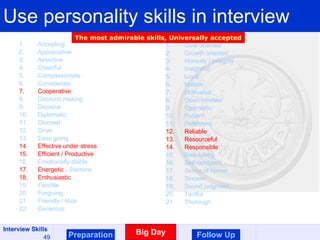 Accepting Appreciative Assertive Cheerful Compassionate Considerate Cooperative Decision making Decisive Diplomatic Discreet Drive Easy going Effective under stress Efficient / Productive Emotionally stable Energetic   / Stamina Enthusiastic Flexible Forgiving Friendly / Nice Generous Goal oriented Growth oriented Honesty / Integrity Insightful Loyal Mature Motivated Open-minded Optimistic Patient Persistent Reliable Resourceful Responsible Risk-taking Self-confidant Sense of humor Sincere Sound judgment Tactful Thorough Use personality skills in interview Preparation Big Day Follow Up The most admirable skills, Universally accepted 