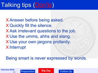 Talking tips ( Don’ts ) Answer before being asked. Quickly fill the silence. Ask irrelevant questions to the job.  Use the umms, ahhs and slang. Use your own jargons profanity. Interrupt Being smart is never expressed by words. Preparation Big Day Follow Up 