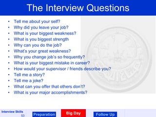 The Interview Questions Preparation Big Day Follow Up Tell me about your self? Why did you leave your job? What is your biggest weakness? What is you biggest strength Why can you do the job? What’s your great weakness? Why you change job’s so frequently? What is your biggest mistake in career? How would your supervisor / friends describe you? Tell me a story? Tell me a joke? What can you offer that others don’t? What is your major accomplishments? 