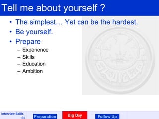 Tell me about yourself ? The simplest… Yet can be the hardest. Be yourself. Prepare  Experience Skills Education Ambition Preparation Big Day Follow Up 
