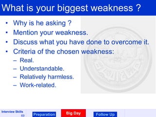 What is your biggest weakness ? Why is he asking ? Mention your weakness. Discuss what you have done to overcome it. Criteria of the chosen weakness: Real. Understandable. Relatively harmless. Work-related. Preparation Big Day Follow Up 