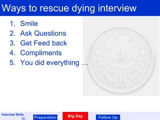 Ways to rescue dying interview Smile  Ask Questions Get Feed back Compliments You did everything …  Preparation Big Day Follow Up 