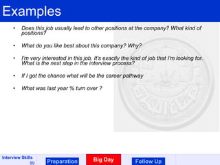 Examples Does this job usually lead to other positions at the company? What kind of positions?  What do you like best about this company? Why? I'm very interested in this job. It's exactly the kind of job that I'm looking for. What is the next step in the interview process? If I got the chance what will be the career pathway What was last year % turn over ? Preparation Big Day Follow Up 