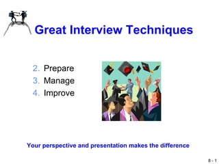 Great Interview Techniques ,[object Object],[object Object],[object Object],Your perspective and presentation makes the difference 