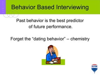 Behavior Based Interviewing Past behavior is the best predictor of future performance. Forget the “dating behavior” – chemistry R E / M A X 