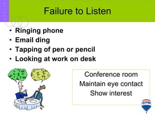 Failure to Listen Ringing phone Email ding Tapping of pen or pencil Looking at work on desk Conference room Maintain eye contact Show interest R E / M A X 