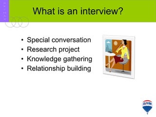 What is an interview? Special conversation Research project Knowledge gathering Relationship building R E / M A X 