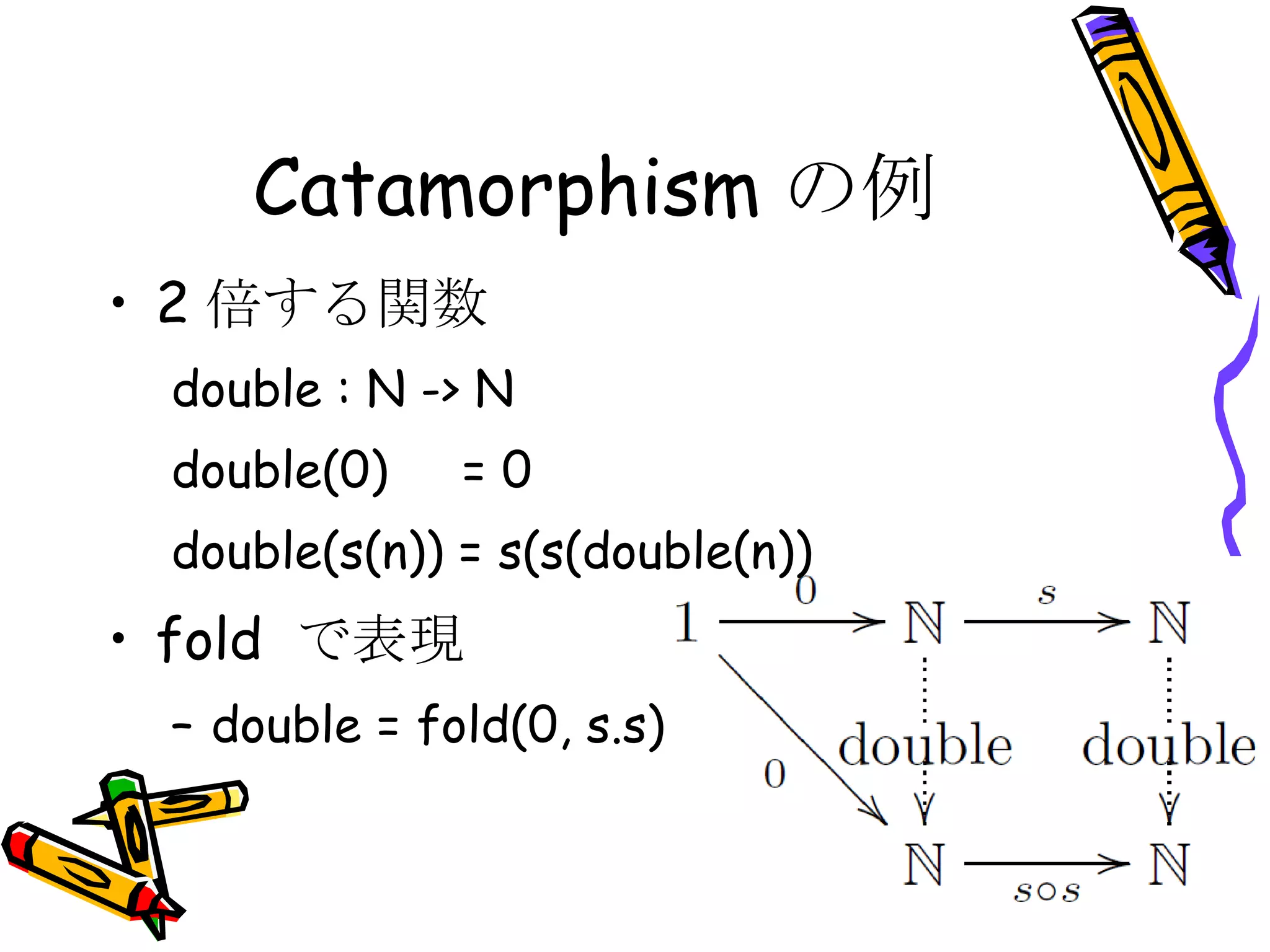 Catamorphism の例 2 倍する関数 double : N -> N double(0)  = 0 double(s(n)) = s(s(double(n)) fold  で表現 double = fold(0, s.s) 