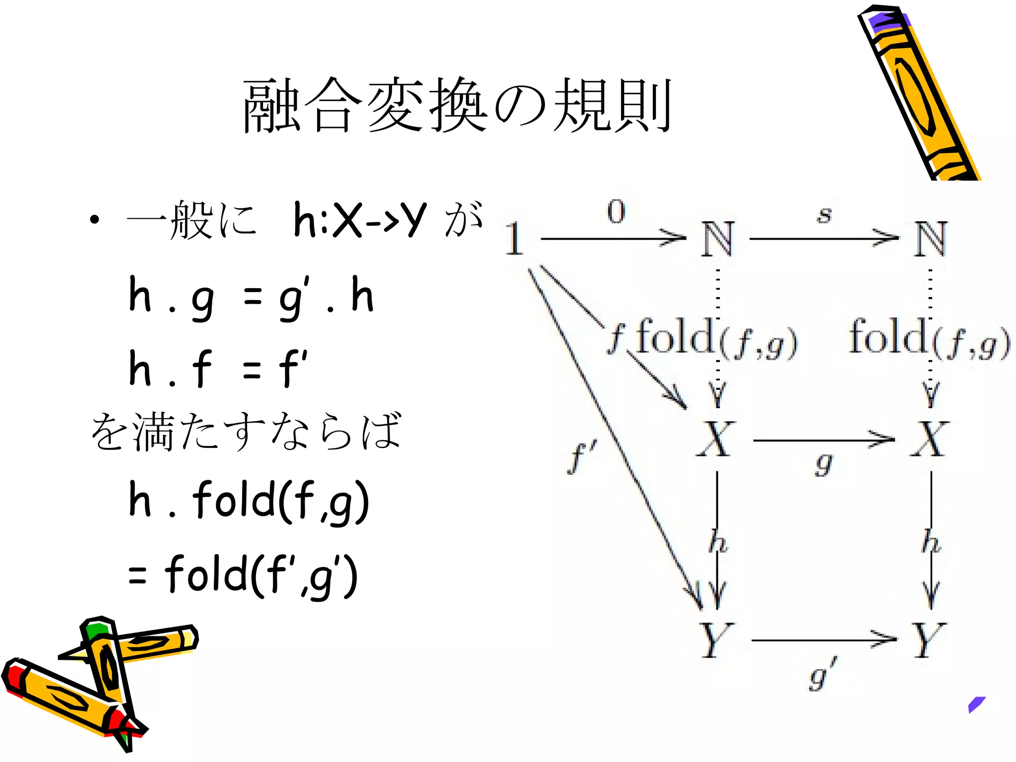 融合変換の規則 一般に  h:X->Y が h . g  = g’ . h h . f  = f’ を満たすならば h . fold(f,g) = fold(f’,g’) 
