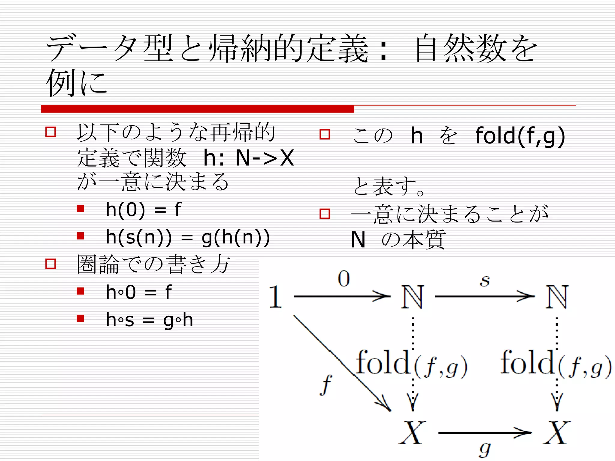 データ型と帰納的定義: 自然数を例に 以下のような再帰的定義で関数  h: N->X  が一意に決まる h(0) = f h(s(n)) = g(h(n)) 圏論での書き方 h∘0 = f h∘s = g∘h この  h  を  fold(f,g)  と表す。 一意に決まることが  N  の本質 