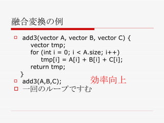 融合変換の例 add3(vector A, vector B, vector C) { vector tmp; for (int i = 0; i < A.size; i++) tmp[i] = A[i] + B[i] + C[i]; return tmp; } add3(A,B,C); 一回のループですむ 効率向上 