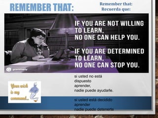 REMEMBER THAT:
Remember that:
Recuerda que:
si usted no está
dispuesto
aprender,
nadie puede ayudarle.
si usted está decidido
aprender
nadie puede detenerte
 