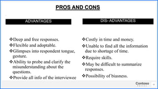 Contoso
S u i t e s
PROS AND CONS
.
ADVANTAGES
Deep and free responses.
Flexible and adoptable.
Glimpses into respondent tongue,
gesture.
Ability to probe and clarify the
misunderstanding about the
questions.
Provide all info of the interviewee
DIS- ADVANTAGES
Costly in time and money.
Unable to find all the information
due to shortage of time.
Require skills.
May be difficult to summarize
responses.
Possibility of biasness.
10
 
