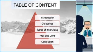 Contoso
S u i t e s
TABLE OF CONTENT
.
2
Introduction
Objectives
Types of interviews
Pros and Cons
Conclusion
 
