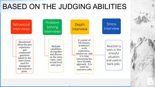 Contoso
S u i t e s
BASED ON THE JUDGING ABILITIES
.
. 8
Behavioral
Interviews
Questioned
about the past
experience
and
conditional
questions
asked by the
interviewer,
used for
managerial
and executive
posts.
Problem
Solving
interviews
Multiple
candidates
sit together
and discuss
on the same
topic, used
in mid level
sales post.
Depth
Interview
It consist of
life history,
academics,
work
experience,
interest etc. and
it is time
consuming but
have friendly
approach.. It is
used for
executive jobs
Reaction is
seen in the
stressful
situation
and used in
bank jobs.
Stress
Interview
 