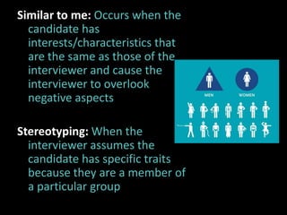 Similar to me: Occurs when the
  candidate has
  interests/characteristics that
  are the same as those of the
  interviewer and cause the
  interviewer to overlook
  negative aspects

Stereotyping: When the
  interviewer assumes the
  candidate has specific traits
  because they are a member of
  a particular group
 