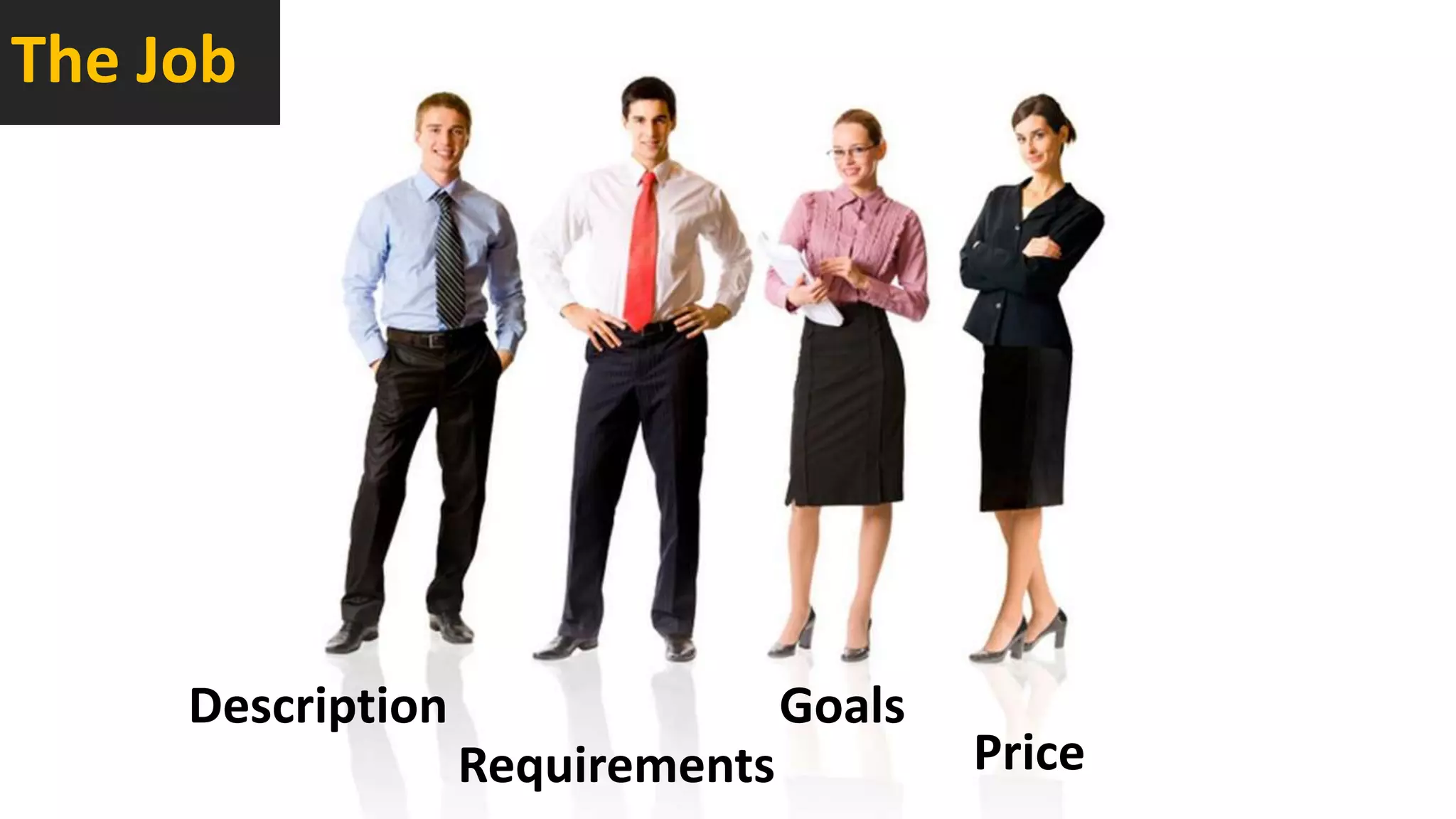 The Job
Description
Requirements
Goals
Price