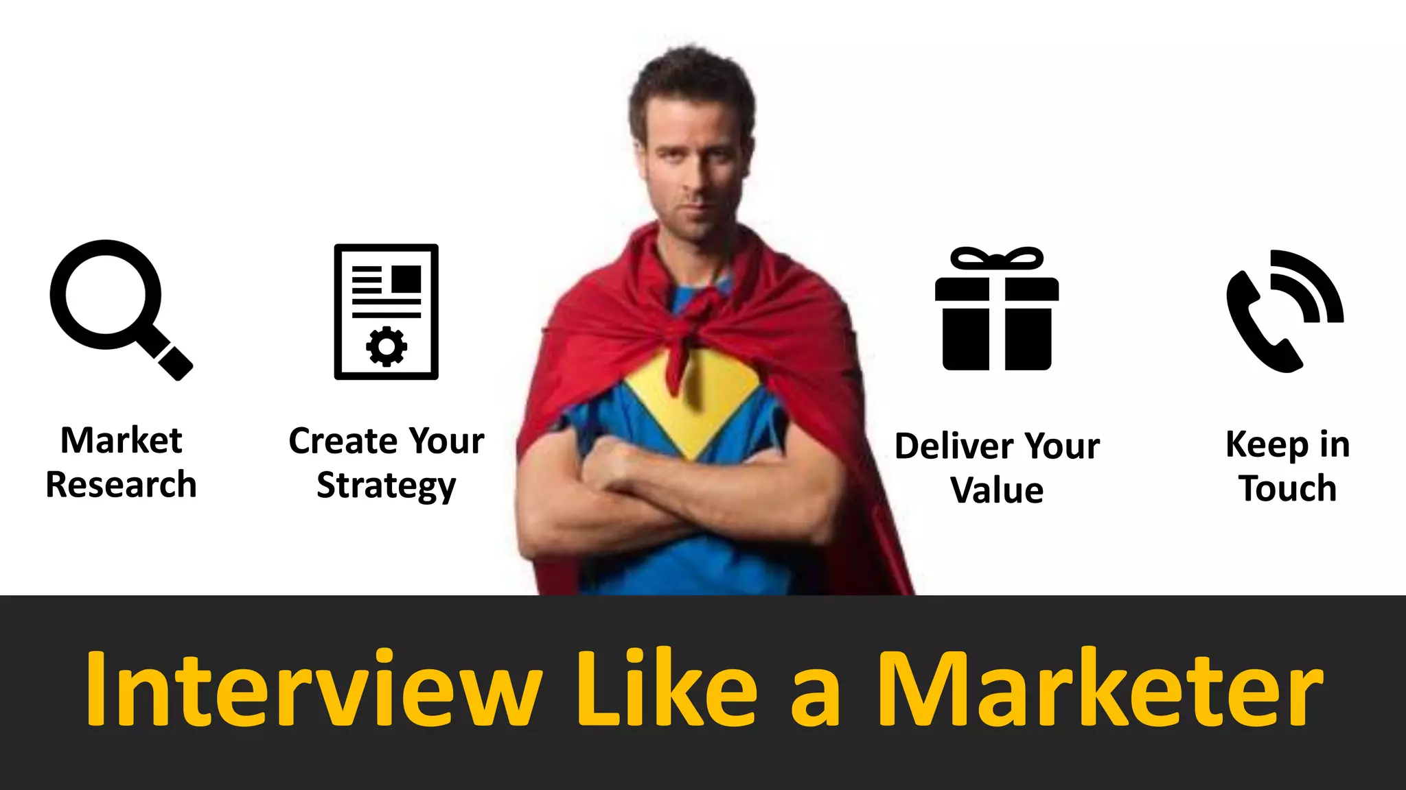 Interview Like a Marketer
Create Your
Strategy
Deliver Your
Value
Keep in
Touch
Market
Research