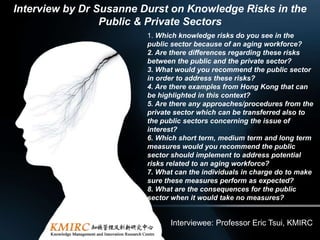 Interview by Dr Susanne Durst on Knowledge Risks in the
Public & Private Sectors
1. Which knowledge risks do you see in the
public sector because of an aging workforce?
2. Are there differences regarding these risks
between the public and the private sector?
3. What would you recommend the public sector
in order to address these risks?
4. Are there examples from Hong Kong that can
be highlighted in this context?
5. Are there any approaches/procedures from the
private sector which can be transferred also to
the public sectors concerning the issue of
interest?
6. Which short term, medium term and long term
measures would you recommend the public
sector should implement to address potential
risks related to an aging workforce?
7. What can the individuals in charge do to make
sure these measures perform as expected?
8. What are the consequences for the public
sector when it would take no measures?

Interviewee: Professor Eric Tsui, KMIRC

 