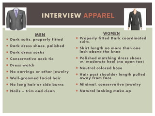 MEN
 Dark suits, properly fitted
 Dark dress shoes, polished
 Dark dress socks
 Conservative neck tie
 Dress watch
 No earrings or other jewelry
 Well-groomed facial hair
 No long hair or side burns
 Nails – trim and clean
WOMEN
 Properly fitted Dark coordinated
suits,
 Skirt length no more than one
inch above the knee
 Polished matching dress shoes
w/ moderate heel (no open toe)
 Neutral colored hose
 Hair past shoulder length pulled
away from face
 Minimal, conservative jewelry
 Natural looking make-up
INTERVIEW APPAREL
 