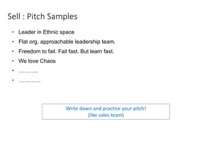 • Leader in Ethnic space
• Flat org, approachable leadership team.
• Freedom to fail. Fail fast. But learn fast.
• We love Chaos
• ………..
• …………
Sell : Pitch Samples
Write down and practice your pitch!
(like sales team)
 