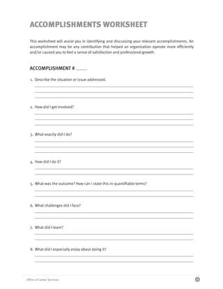 ACCOMPLISHMENTS WORKSHEET
  This worksheet will assist you in identifying and discussing your relevant accomplishments. An
  accomplishment may be any contribution that helped an organization operate more efficiently
  and/or caused you to feel a sense of satisfaction and professional growth.



  ACCOMPLISHMENT #

  1. Describe the situation or issue addressed.




  2. How did I get involved?




  3. What exactly did I do?




  4. How did I do it?




  5. What was the outcome? How can I state this in quantifiable terms?




  6. What challenges did I face?




  7. What did I learn?




  8. What did I especially enjoy about doing it?




Office of Career Services                                                                          15
 