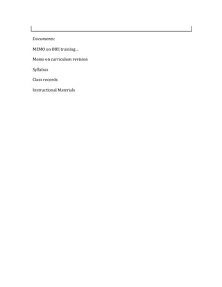 Documents:
MEMO on OBE training…
Memo on curriculum revision
Syllabus
Class records
Instructional Materials
 