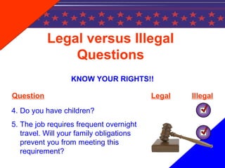 Legal versus Illegal
Questions
KNOW YOUR RIGHTS!!
4. Do you have children?
5. The job requires frequent overnight
travel. Will your family obligations
prevent you from meeting this
requirement?
Question Legal Illegal
 