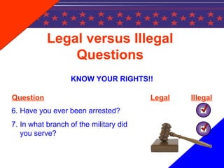 Legal versus Illegal
Questions
KNOW YOUR RIGHTS!!
6. Have you ever been arrested?
7. In what branch of the military did
you serve?
Question Legal Illegal
 