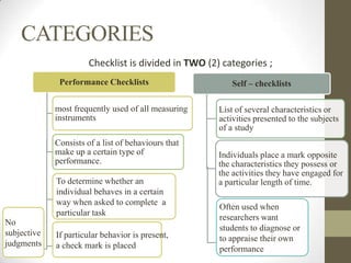 CATEGORIES
                       Checklist is divided in TWO (2) categories ;
              Performance Checklists                     Self – checklists

             most frequently used of all measuring    List of several characteristics or
             instruments                              activities presented to the subjects
                                                      of a study
             Consists of a list of behaviours that
             make up a certain type of                Individuals place a mark opposite
             performance.                             the characteristics they possess or
                                                      the activities they have engaged for
             To determine whether an                  a particular length of time.
             individual behaves in a certain
             way when asked to complete a
                                                      Often used when
             particular task
                                                      researchers want
No
                                                      students to diagnose or
subjective   If particular behavior is present,       to appraise their own
judgments    a check mark is placed                   performance
 