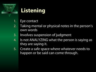 Listening
1. Eye contact
2. Taking mental or physical notes in the person’s
   own words
3. Involves suspension of judgment
4. Is not ANALYZING what the person is saying as
   they are saying it.
5. Create a safe space where whatever needs to
   happen or be said can come through.
 
