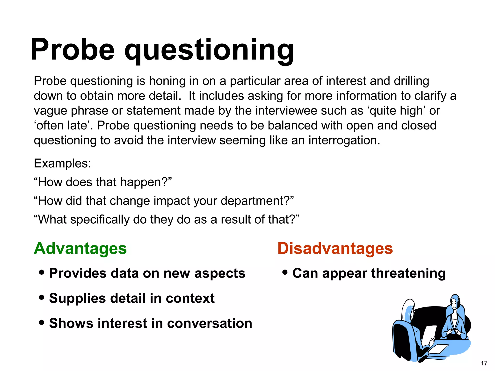 17
Probe questioning
Advantages Disadvantages
• Provides data on new aspects
• Supplies detail in context
• Shows interest in conversation
• Can appear threatening
Examples:
“How does that happen?”
“How did that change impact your department?”
“What specifically do they do as a result of that?”
Probe questioning is honing in on a particular area of interest and drilling
down to obtain more detail. It includes asking for more information to clarify a
vague phrase or statement made by the interviewee such as ‘quite high’ or
‘often late’. Probe questioning needs to be balanced with open and closed
questioning to avoid the interview seeming like an interrogation.
 