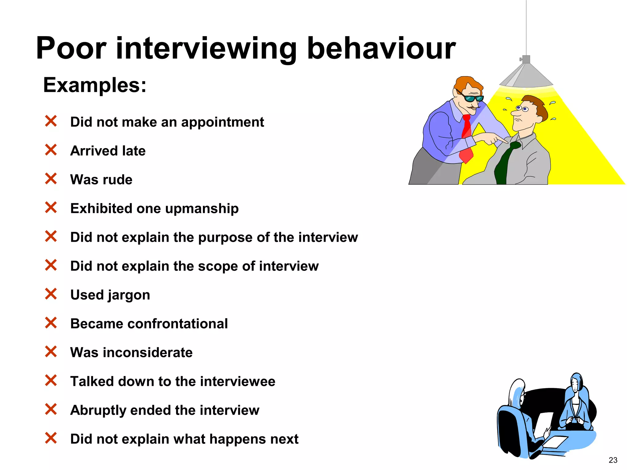 23
Poor interviewing behaviour
× Did not make an appointment
× Arrived late
× Was rude
× Exhibited one upmanship
× Did not explain the purpose of the interview
× Did not explain the scope of interview
× Used jargon
× Became confrontational
× Was inconsiderate
× Talked down to the interviewee
× Abruptly ended the interview
× Did not explain what happens next
Examples:
 
