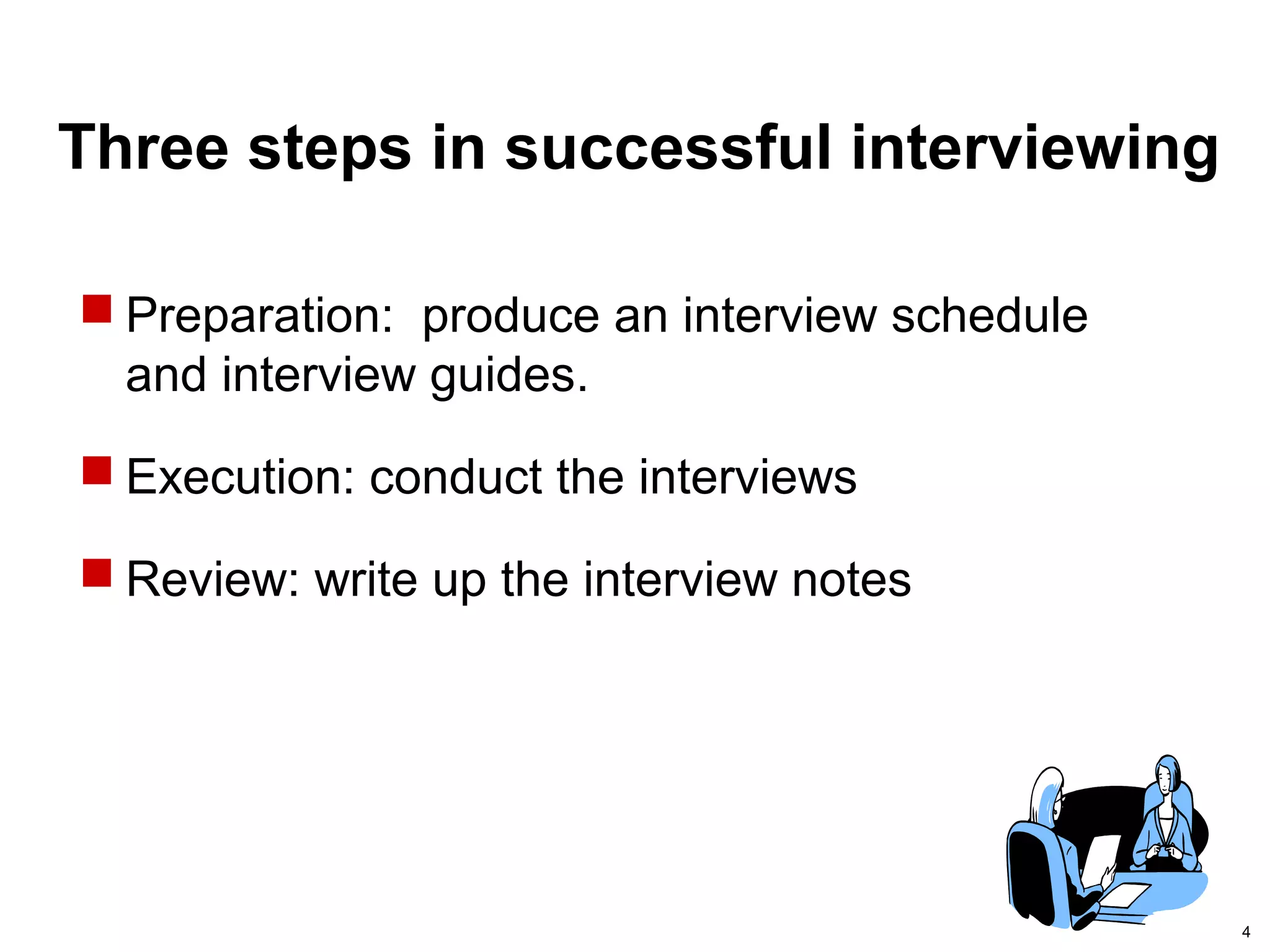 4
Three steps in successful interviewing
 Preparation: produce an interview schedule
and interview guides.
 Execution: conduct the interviews
 Review: write up the interview notes
 