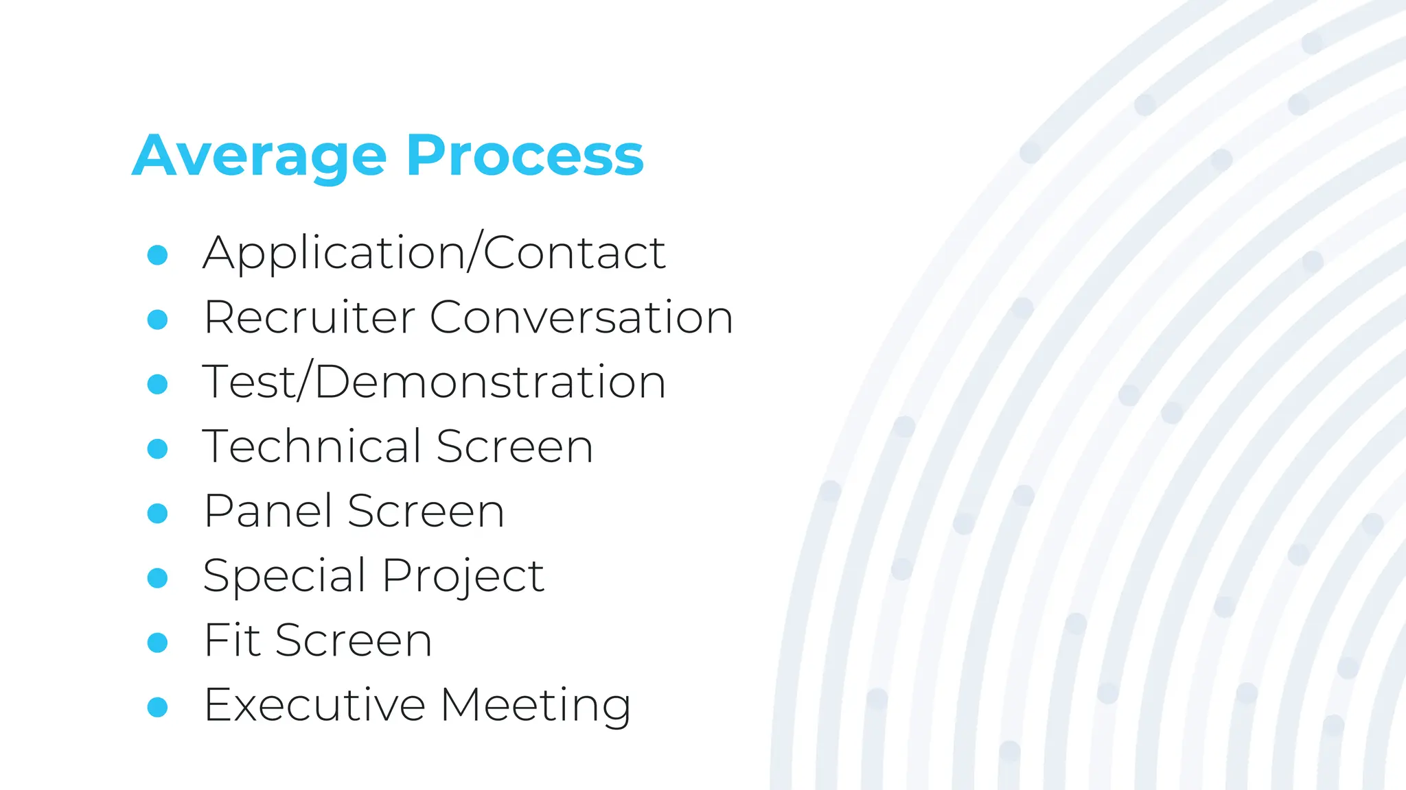 Average Process
● Application/Contact
● Recruiter Conversation
● Test/Demonstration
● Technical Screen
● Panel Screen
● Special Project
● Fit Screen
● Executive Meeting