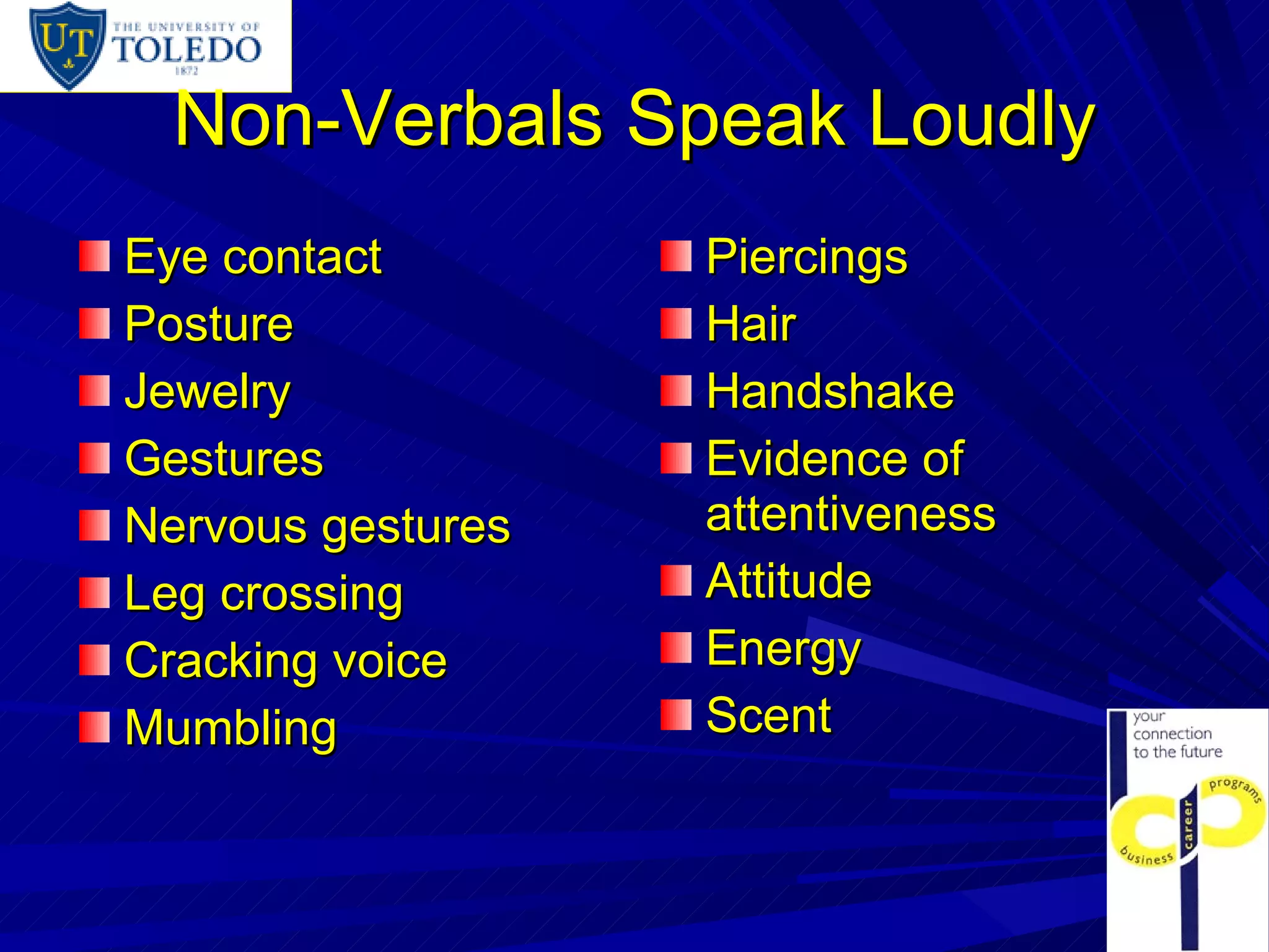 Non-Verbals Speak Loudly Eye contact Posture Jewelry Gestures Nervous gestures Leg crossing Cracking voice Mumbling Piercings Hair Handshake Evidence of attentiveness Attitude Energy Scent 
