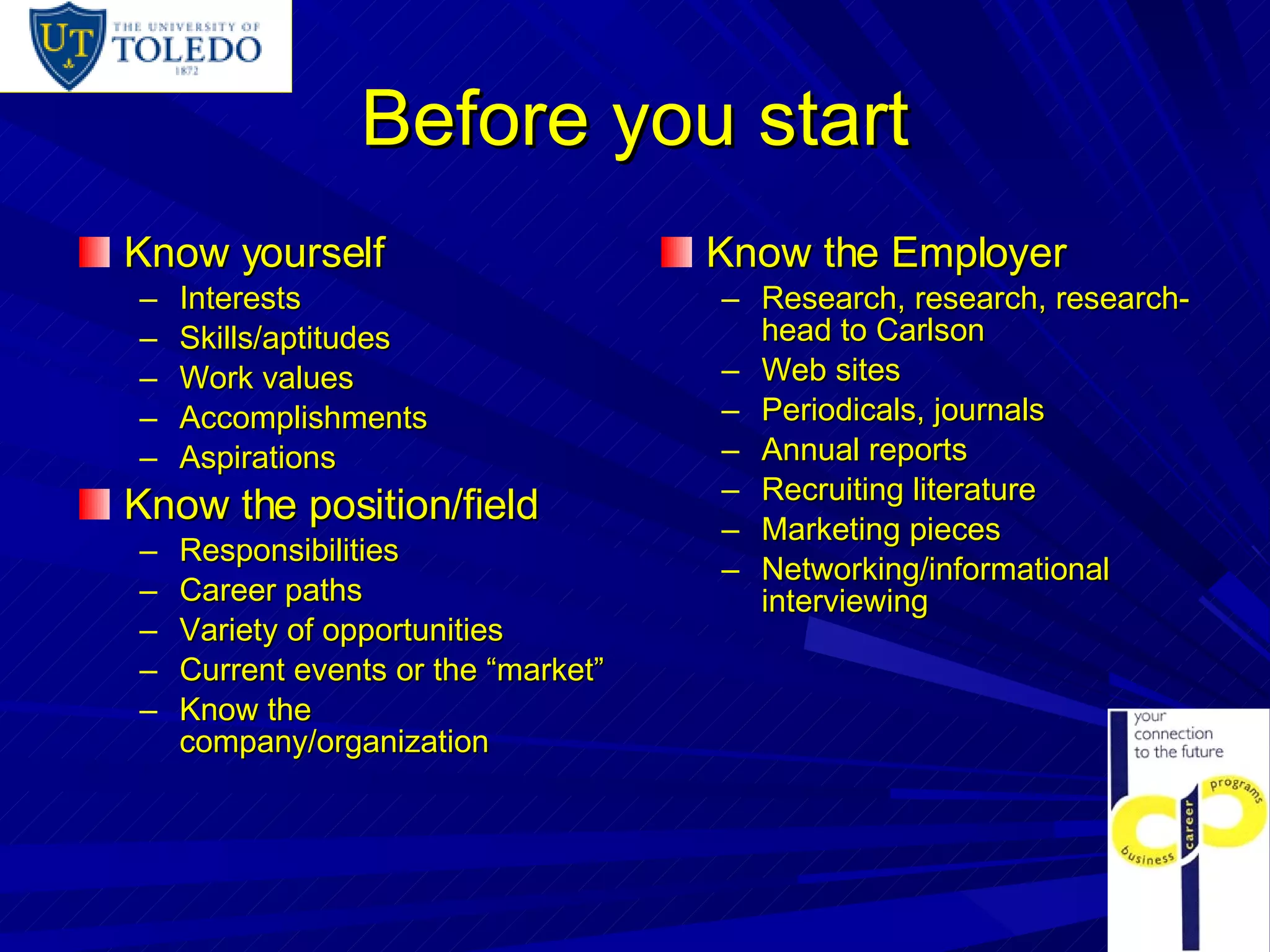 Before you start Know yourself Interests Skills/aptitudes Work values Accomplishments Aspirations Know the position/field Responsibilities Career paths Variety of opportunities Current events or the “market” Know the company/organization Know the Employer Research, research, research-head to Carlson Web sites Periodicals, journals Annual reports Recruiting literature Marketing pieces Networking/informational interviewing 
