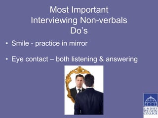 Most Important
        Interviewing Non-verbals
                  Do’s
• Smile - practice in mirror

• Eye contact – both listening & answering
 
