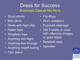 Dress for Success
            Business Casual No-No’s
•   Short shorts              • Flip-flops
•   Mini skirts               • Worn sneakers
•   Skirts with high slits    • Exposed cleavage
•   Halter tops               • Old T-shirts or ones
•   Strapless tops              with offensive images
•   Anything skin-tight         or giant logos
•   Anything see-through      • Baseball caps
•   Anything midriff-baring   • Spandex
•   Torn jeans
 