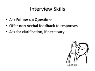 Interview Skills 
• Ask Follow-up Questions 
• Offer non-verbal feedback to responses 
• Ask for clarification, if necessa...