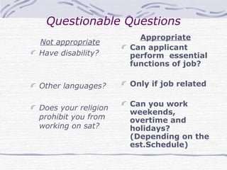 Questionable Questions Not appropriate Have disability? Other languages? Does your religion prohibit you from working on sat? Appropriate Can applicant  perform  essential functions of job? Only if job related Can you work weekends, overtime and holidays? (Depending on the est.Schedule) 
