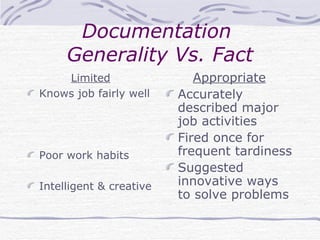 Documentation  Generality Vs. Fact Limited Knows job fairly well Poor work habits Intelligent & creative Appropriate Accurately described major job activities Fired once for frequent tardiness Suggested innovative ways to solve problems 