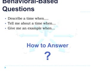 Behavioral-Based
Questions
   Describe a time when….
   Tell me about a time when…
   Give me an example when…




              How to Answer

                       ?
 