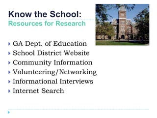 Know the School:
Resources for Research

 GA Dept. of Education
 School District Website
 Community Information
 Volunteering/Networking
 Informational Interviews
 Internet Search
 